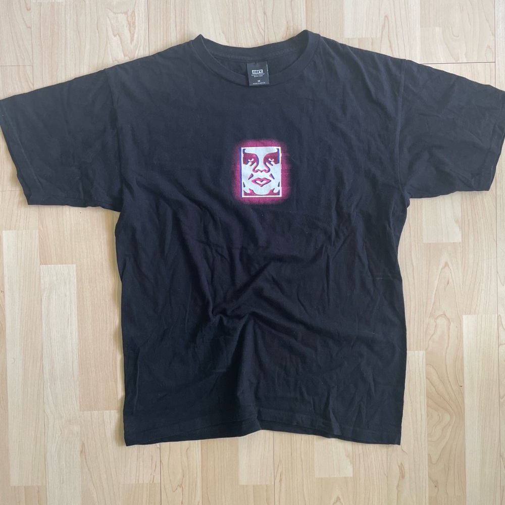 Obey Black Short Sleeve Tee with Red Graphic Face